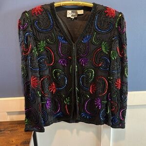 Vintage 80s Silk Sequin Beaded Long Sleeve ART DECO Jacket small India by Carina